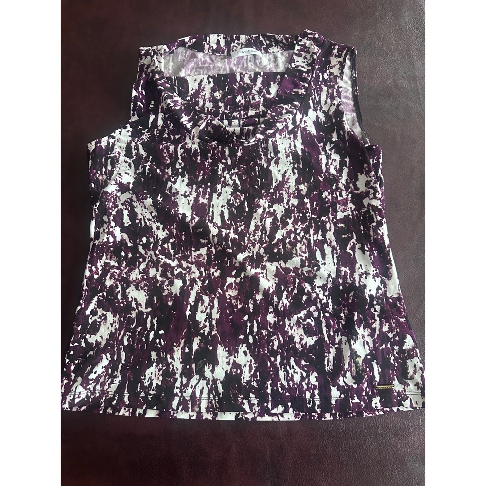 Calvin Klein Womens Purple Abstract Print Cowl Neck Sleeveless Blouse Top